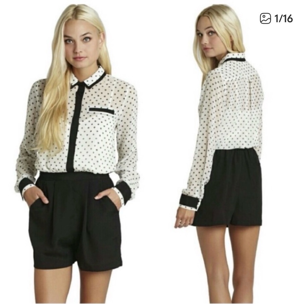 BCBGeneration Sheer White and Black Polka Dot Long Sleeve Romper, M